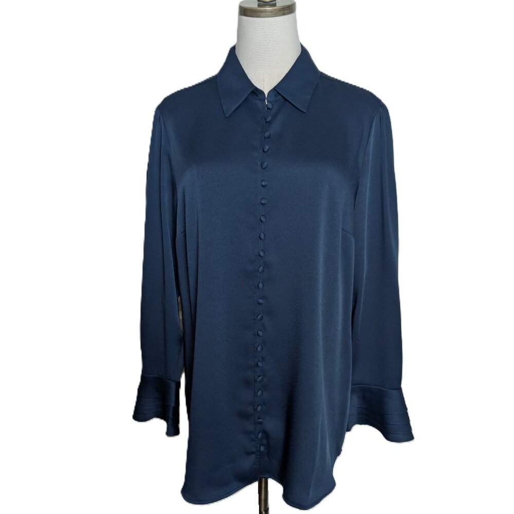 Soft Surroundings Evening Blouse Size L Navy Blue Tiered Bell Sleeve Satin Feel